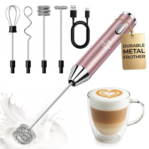 Image of Zulay Kitchen Rechargeable Milk Frother Handheld - Frother Wand, Drink Mixer, Electric Whisk Frother, for Cappuccinos, Matcha & Protein Powder - Ultra Metal 4 Whisk, 1800mAh Pink
