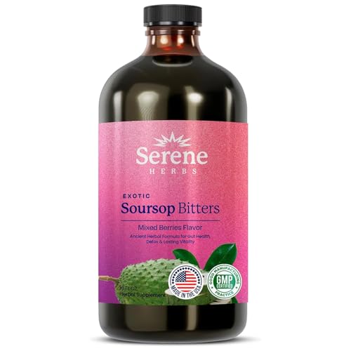 Serene Herbs Soursop Bitters Liquid - Organic Herbal Sour Sop Guanabana with Black Seed, Moringa, Irish Moss & Ginger – Gut Support, Energy & Immune Boost – Vegan, Non-GMO – Mixed Berry Flavor – 16 oz