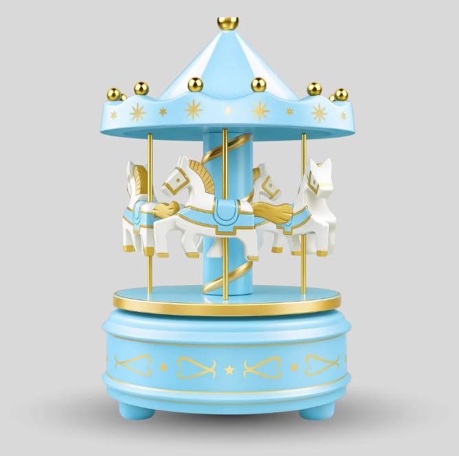 HOMEBAKERS MART Blue Carousel Music Box, Musical Merry-Go-Round with White Horses, Gold Accents, Cake Decoration for Birthday and Baby Shower