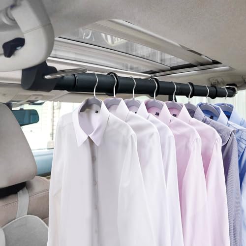 Beinhome Auto-Kleiderbügel, Kleiderstange für Auto-Reisen 76-160 CM, einstellbare faltenfreie Kleiderständer mit Anti-Rutsch-Gummiringen für Fahrzeuge, SUV, LKW (schwarze Teleskopstange)