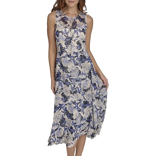 Image of Tommy Hilfiger Women's Sleeveless Keyhole Neck Chiffon Belted Hi-Lo Midi Dress