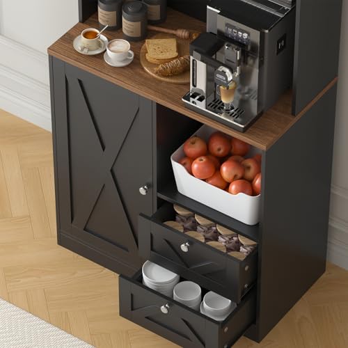 Image of 71 inch Tall Coffee Bar Cabinet with Storage Hutch, Farmhouse Kitchen Pantry Cabinet with LED Lights Microwave Stand and Glass Holder for Home Dining Room Kitchen (Black)