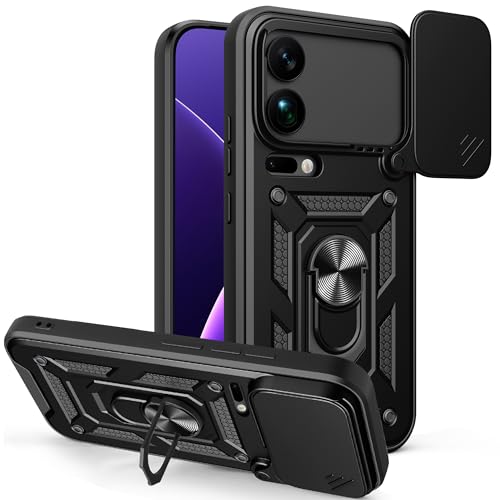 Image of Heavy Duty Back Case Cover for Xiaomi 17 Pro Max 5G, Shockproof Xiaomi 17 Pro Max Back Cover, Ring Case with Kickstand and Camera Protection Shutter - Black