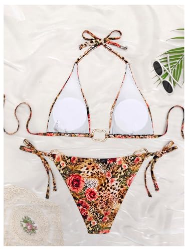 WDIRARA Women's Plus Size 2 Piece Leopard Floral Bikini Sets Ring Linked Triangle Halter Bathing Suit Tie Back Swimsuits3