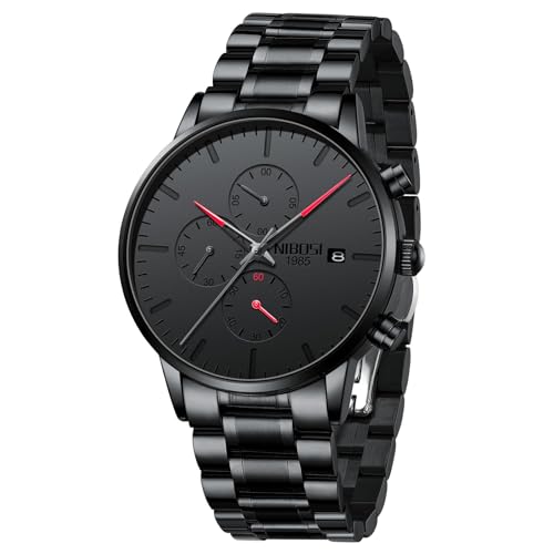 Image of NIBOSI Men's Watches Analog Minimalist Black Dial Watch for Man Business Chronograph Casual Watches Stainless Steel Strap Date