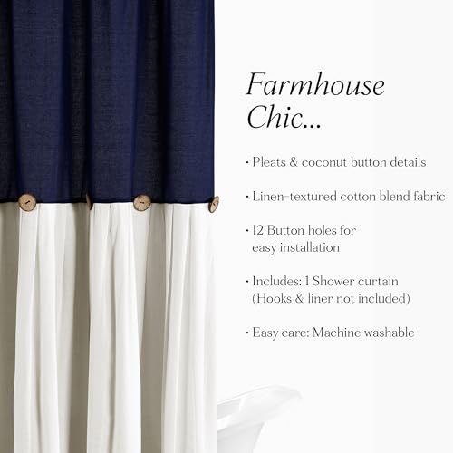 Image of Lush Decor Linen Button Shower Curtain, 72 inch W x 72 inch L, Navy & Off White - Navy Blue Shower Curtain Fabric - Bathroom Curtain - Farmhouse Bathroom Decor