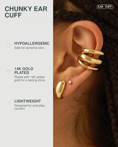 Image of PAVOI 14K Gold Plated 925 Sterling Silver Round Huggie Ear Cuff Earrings for Women | Clip On Cartilage Cuff Earrings