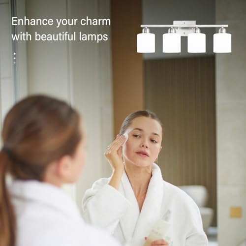 Image of 4 Light Bathroom Light Fixtures, Anti-Rust Finish Brushed Nickel Vanity Lights for Bathroom with Milky White Frosted Glass Shade for Mirror Bedroom Living Room E26 Base