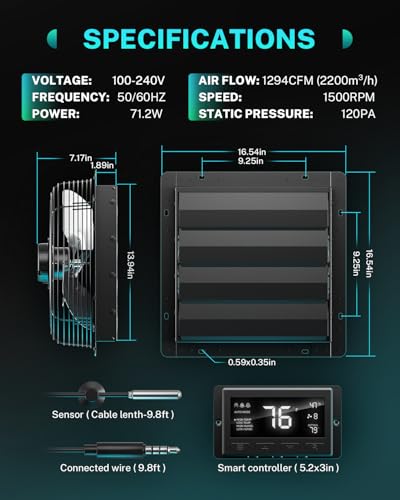 Image of HG Power 14 Inch Attic Fan with Thermostat, Shutter Exhaust Fan with Smart Temperature Humidity Controller, Wall Mounted Greenhouse Fan with EC Motor for Garage, Shed Ventilation, Black