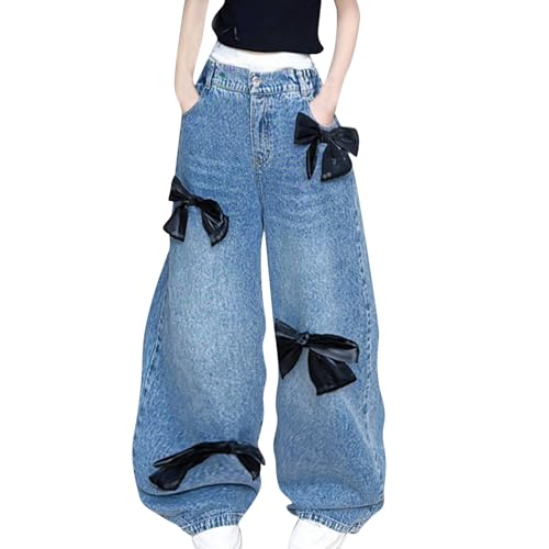 Girls Jeans Streetwear Denim Cargo Pants High Waist Floor Length Baggy Wide Leg Jeans 4-14 Years