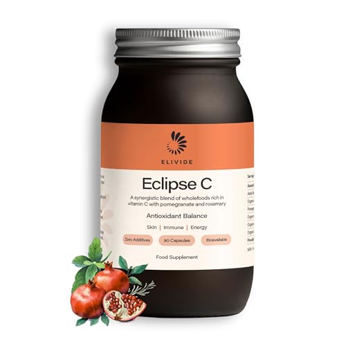 ELIVIDE Eclipse Wholefood Vitamin C | with Wholefruit Pomegranate | 100% Additive Free | Natural & Rich in Bioflavanoids | 90 Capsules | UK Made | Immune & Skin Support | Glass Jar