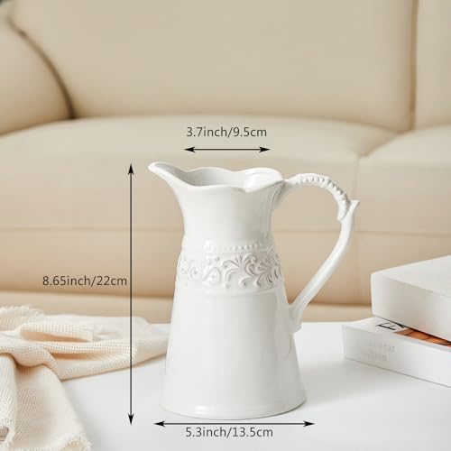 8.5 Inch White Ceramic Pitcher Vase for Home Décor