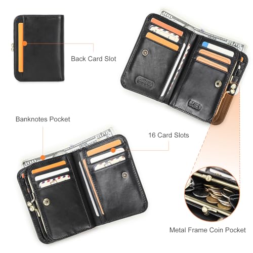 CONTACTS Full Grain Leather Kiss Lock Wallet for Women Vintage Coin Purse Small Bifold Card Holder RFID Blocking with 16 Card Slot (Black)3
