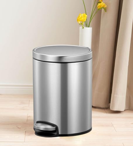 Image of Obsessions EKO Soft-Close Bathroom Trash Can - 5L Stainless Steel Pedal Bin with Lid & Liner, Elegant Waste Basket for Home & Office, Metallic