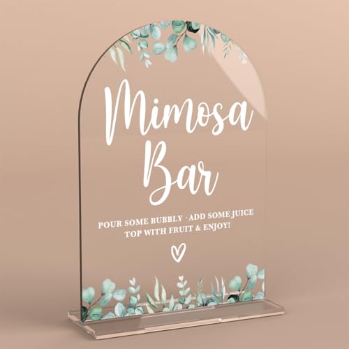 Acrylic Wedding Signs Bridal Shower Decorations Mimosa Bar Signs for Reception Modern Calligraphy Arch Acrylic Table Top Sign for Wedding Reception and Engagement Parties (Clear Eucalyptus Leaves)