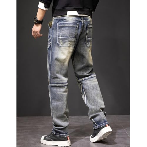 Straight Leg Stretch Denim Pants for Men Washed Relaxed Fit Jeans with Multi Pockets 29-443