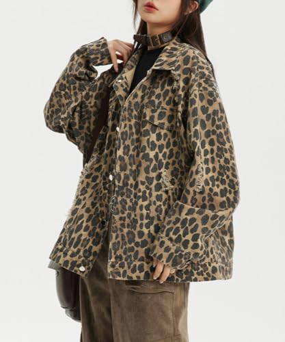POHADON Womens Y2k Oversized Vintage Leopard Print Denim Jacket Ripped Hole Button Down Long Sleeve Coat with Pockets2