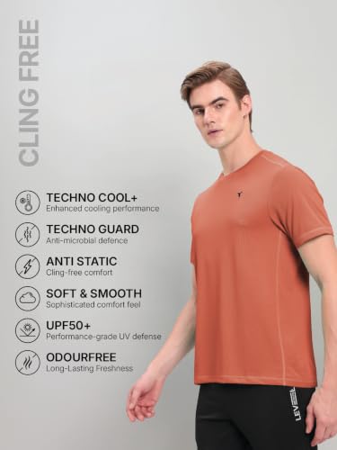 Image of TECHNOSPORT Men's Solid Slim Fit Round Neck T-Shirt TECHNOCOOL+ Half Sleeve Slip On Polyester for Gym Running Workout UPF50+ Anti Odour
