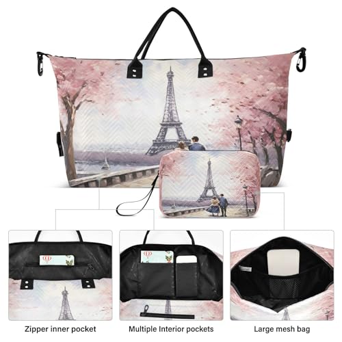 YETTASBIN Travel Duffel Bag for Women Men, Paris Eiffel Tower Large Waterproof Weekender Overnight Bag, Detachable Shoulder Strap Travel Sport Gym Bag with Toiletry Bag2