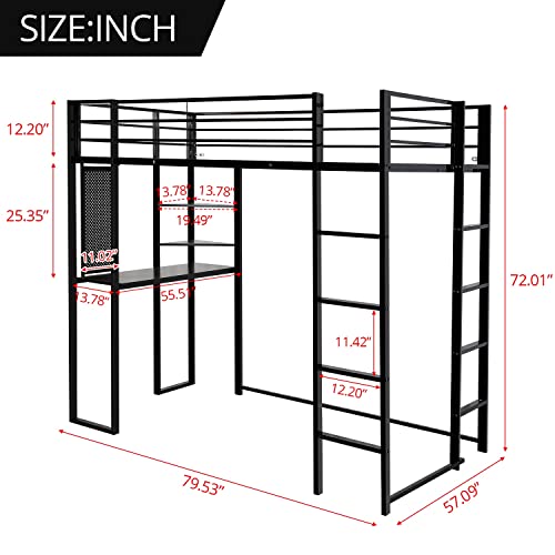 Aleyha Full Size Loft Bed,Product Dimensions:79.53" L X 57.09" W X 72.01" H,Main Material:metal,With Desk And Shelves,With 2 Built-In Ladders,Black #TOP2