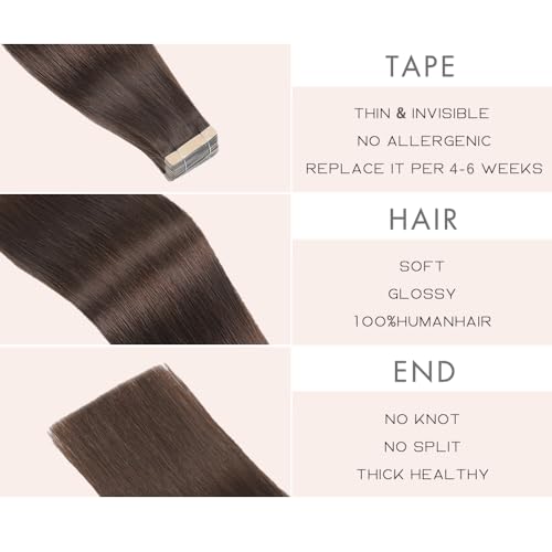 Image of Tape in Hair Extensions Human Hair 20pcs Remy Hair Extensions 18 Inch Darkest Brown Straight Invisible Human Hair Tape in Extensions Skin Weft Tape Extensions Human Hair (2#,18 Inch)