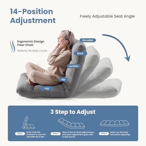 Image of DUMOS Folding Floor Chair with Back Support, Adjustable 14-Position Floor Seating with Comfy Teddy Velvet for Adults & Kids, Reading, Gaming, Meditation, Watching, Grey