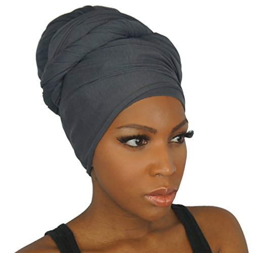 Stretch Head Wraps for Women | Extra Long Jersey Knit Turbans| Soft Cotton African Head wrap Scarf | CHARCOAL