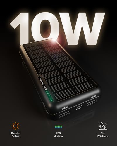 Sbs Solar Powerbank, 10.000Mah, Power Bank Con Pannello Solare, Ricarica Rapida, Intelligent Charge (Ic), Led Di Carica, 1X USB-C, 2X USB-A, Caricabatterie Portatile Da Viaggio, Design Compatto, Nero - 3