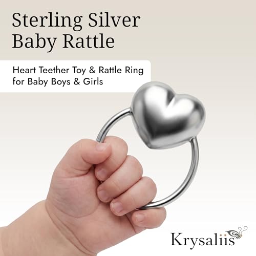 Image of Heart Teether Rattle Ring for Boy and Girl, .925 Sterling Silver, Newborn Gifts, Non-Tarnishing, Beautiful Box Packaging, Custom Engraving Available