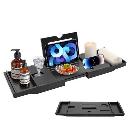 TkkMivcOC Bamboo Bath Tray, Extendable Bath Shelf Bathroom Accessory, Adjustable Bathtub Rack, Bathtub Trays Caddy for Across the Bath, for Book Phone Tablet Wine Glass Holder, Black