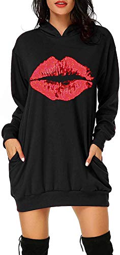 Cassiecy Damen Hoodie Kleid Pullover Langarm Sweatshirts Kapuzenpullover...