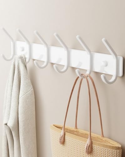 DR. OXXIER Coat Rack Wall Mount Hook (White 1 Pack) - Aluminum 6-Hook Organizer Drill Installation Holds Coats Towels and Bags Ideal for Entryway or Bathroom