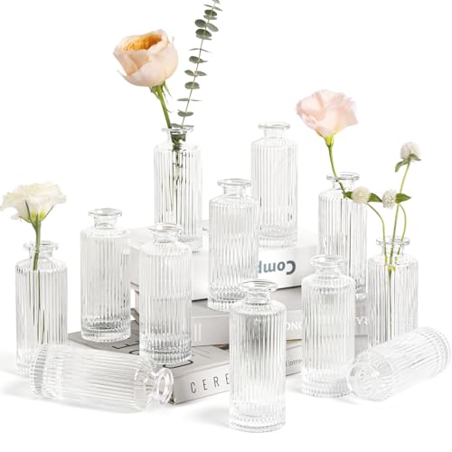 ComSaf Glass Bud Vases Set of 12, Small Bud Vase in Bulk, Mini Flower Vase for Centerpiece, Vintage Decorative Vase Set for Flowers, Wedding Reception, Christmas, Home Decor, Housewarming Gift (Clear)