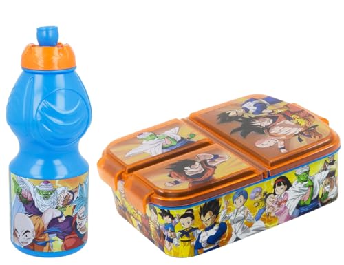 MARUKATSU Set Sandwichera Múltiple infantil y Botella Escolar - Pack Diseño Colorido | Mochila Escolar Niño Niña de 3 a 8 Años | Material Escolar Set de Almuerzo (Dragon Ball)