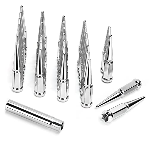 KSP 9/16-18" Spike Lug Nuts Compatible with Dodge Ram 1500 2500 3500, 32pcs Chrome Conical/Cone Wheel Nuts with 1 Socket Key Replacement for Aftermarket Wheels,4.4" Tall Closed End Bulge Acorn Nuts
