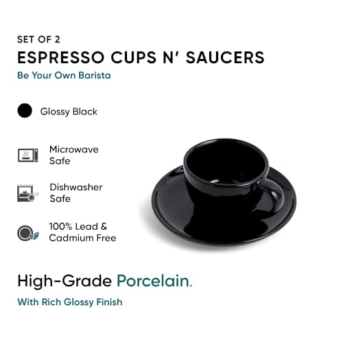 Image of Shay Ceramic Espresso Cup Set, Set of 2, 100ml, Black | Espresso Cup and Saucer | Glossy Finish | Espresso Cup Ceramic | Espresso Cups Small | Microwave Safe (Espresso Set, Black)