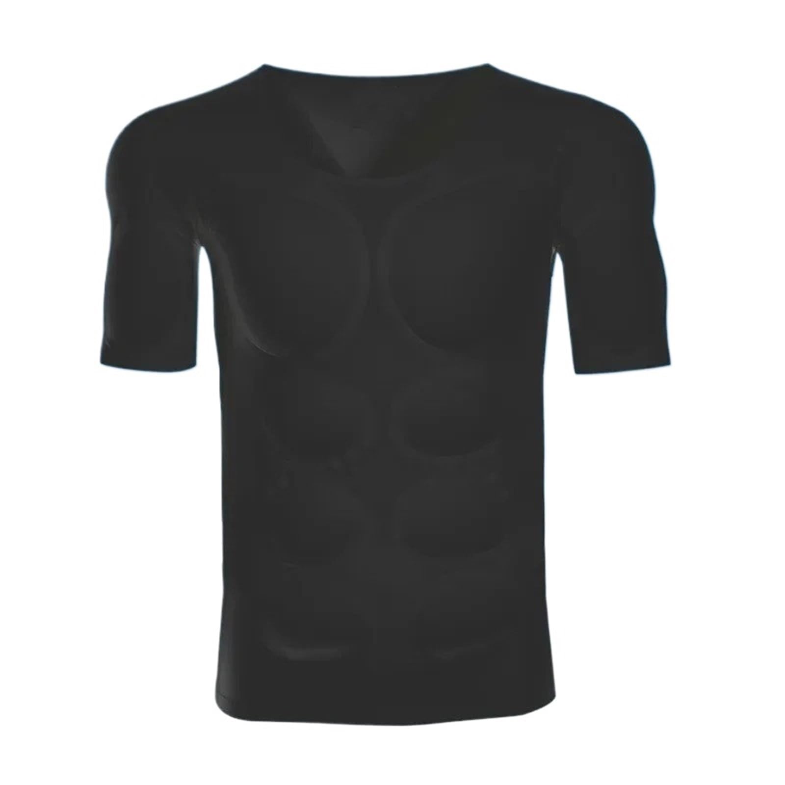 XUANFXPJ Men's Padded Muscle Shirt Fake Abdomen Muscle T-Shirt, Seamless Breathable Invisible Shaper Compression Undershirt(Black,L)