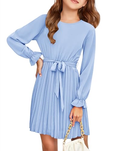 Haloumoning Vestido para niñas elegante de manga larga vestidos Kids línea A falda plisada cuello redondo vestido midi fluido, azul, 9-10 años