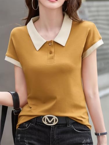 Image of GLASGO Pure Cotton Regular Fit Plain Solid Classic Polo Collar Half Sleeve T-Shirt for Women (Colors: Beige, Mustard, Gray, Pink)