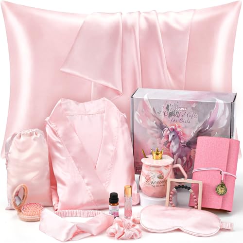 Golray Gifts for Teen Girls Kids -13 Pcs Teenage Girl Basket with Satin Pillowcase/Spa Robe/Journal/Mug, Christmas Birthday Gifts Set for Women Daughter Sister Tween Toy Age 10 11 12 14-18