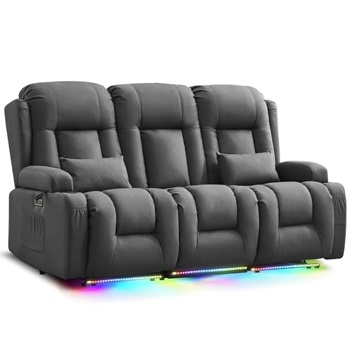 Image of URRED Power Loveseat Recliner Sofa with Massage and Heat, Wall Hugger Reclining Loveseat with Console, RV Couch Home Theater Seating with LED Lights for Living Room (Gray, 76.8 inch - 3 Seats)