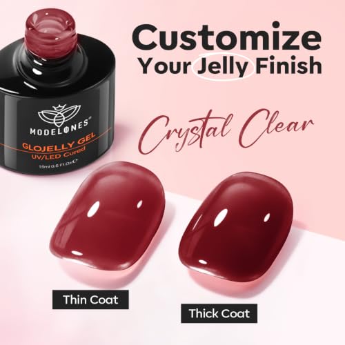 Image of modelones Jelly Burgundy Builder Nail Gel Top Coat Gel Polish in One 15ML | No Wipe Top Coat Sheer Wine Red Self Leveling Apex Buidling Ultra Glossy Long Lasting U V Cure Fall Manicure Gift for Women