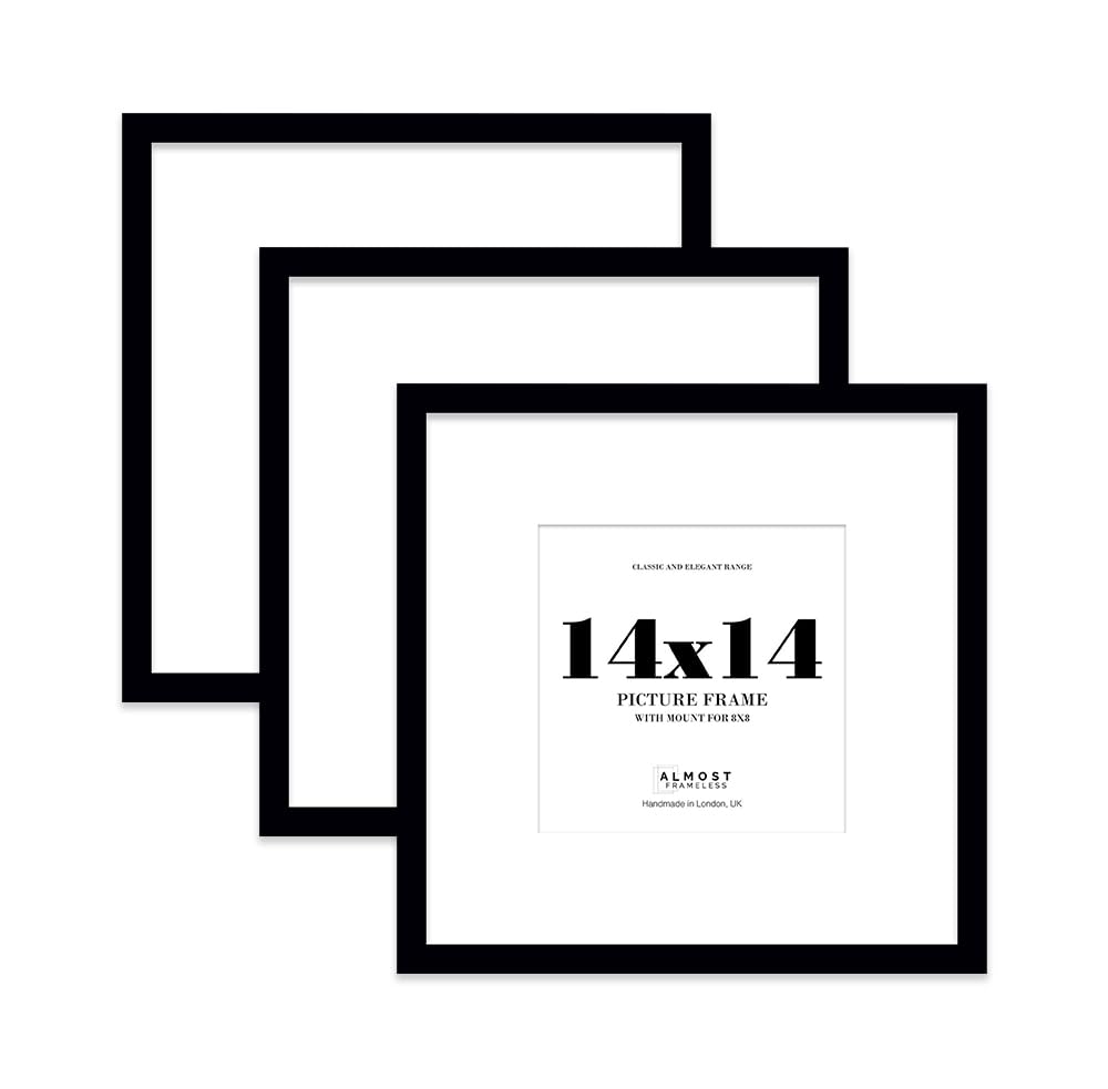 14x14 Black Picture Frame with Large Mount for 8x8 Photos, Prints - Modern Square Wall Frame, Set of 3
