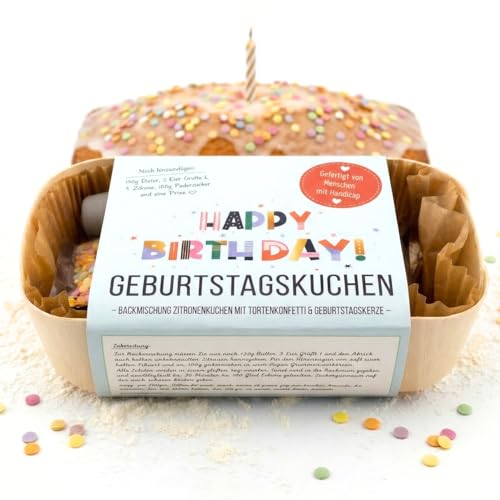 Geburtstagskuchen Backmischung im Geschenkset Zitronenkuchen mit Kerze & buntem Zucker-Konfetti schnell & einfach gebacken Geschenkidee zum Geburtstag für Familie Freunde Kollegen & Nachbarn