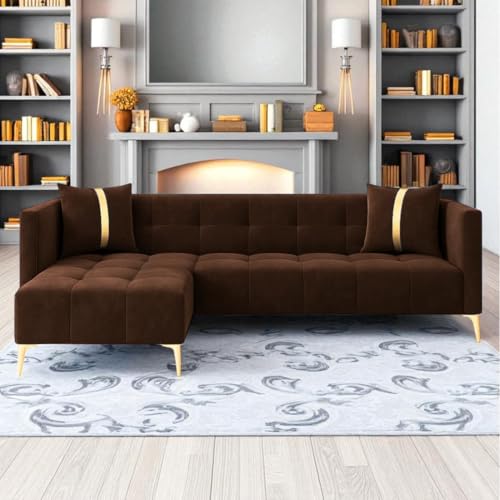 Image of Furny Styling 4 Seater Fabric LHS L Shape Sofa Set (Brown) | Soft Velvet Fabric | Modern Design | Comfortable Seating | Living Room Furniture