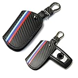iJDMTOY M-Colored Stripe Black Carbon Fiber Pattern Leather Key Holder with Keychain Compatible With BMW 1 2 3 4 5 6 7 Series X3 Remote Fob