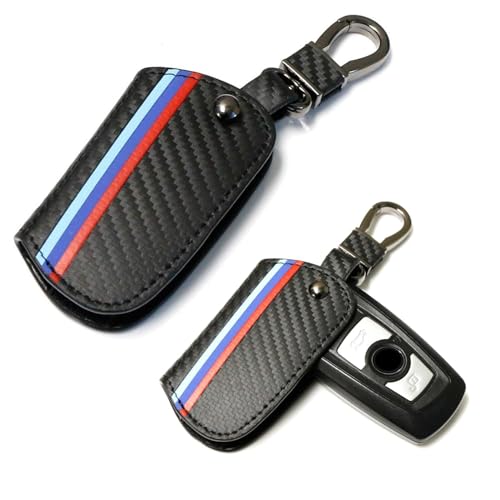 iJDMTOY Iconic 3-Color Stripe Black Carbon Fiber Pattern Leather Key Holder with Keychain Compatible With BMW 1 2 3 4 5 6 7 Series X3 Remote Fob