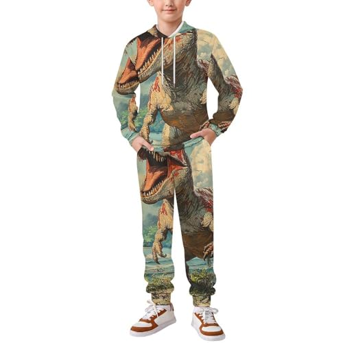 Boys Girls Sweatshirt Pullover Hoodie & Pants Kid Active Sweatsuit Tracksuit, Vintage Dinosaur Funny