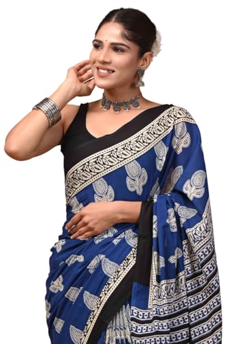 Image of Crafts Moda Hand Block Ajrakh Print Cotton Saree for women with Blouse | Soft comfortable wear sari
