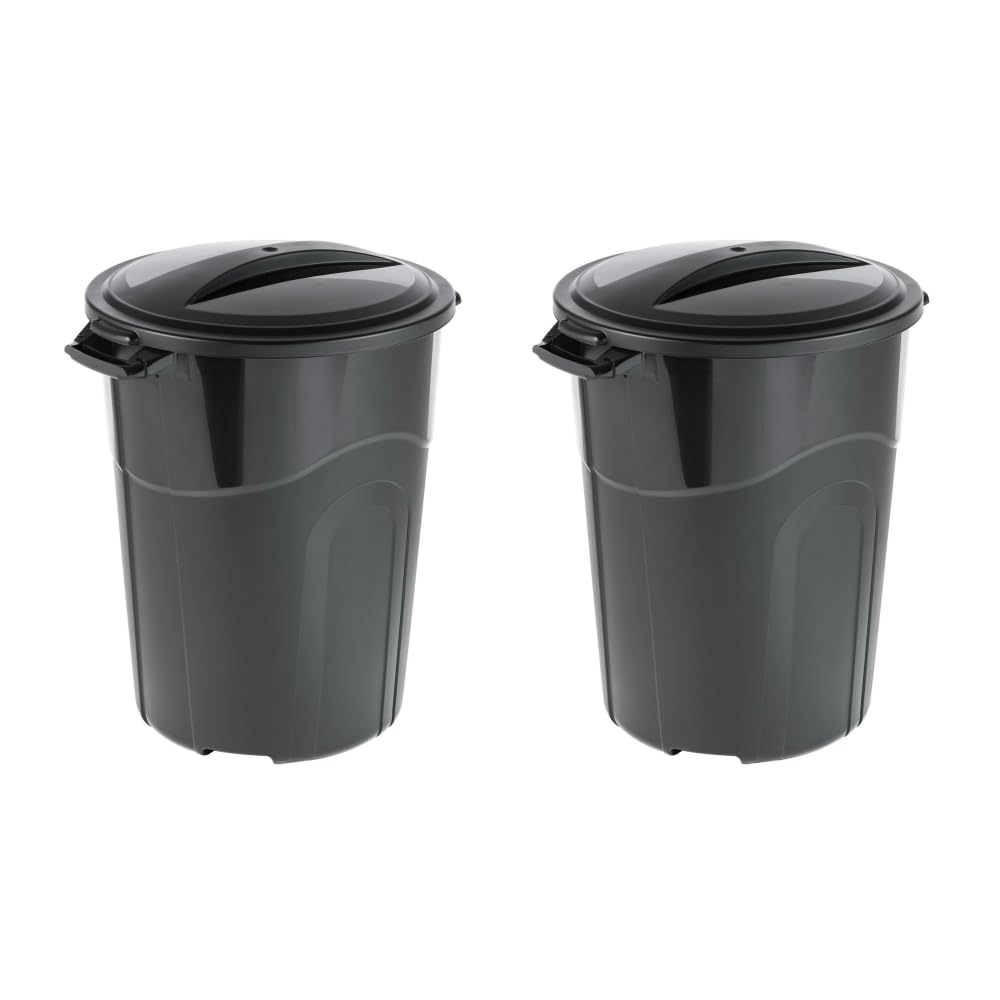 32 Gallon Heavy Duty Plastic Garbage Can, Included Lid, Indoor/Outdoor, Black (2)